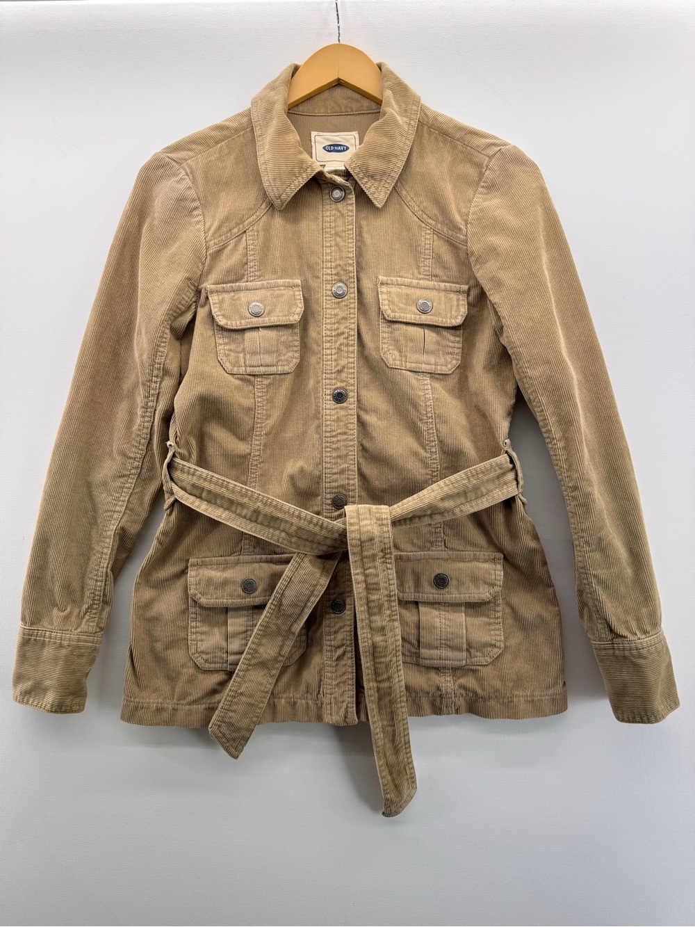 Old Navy Vintage Corduroy Belted Utility Jacket Khaki Tan Size Small Y2K Safari